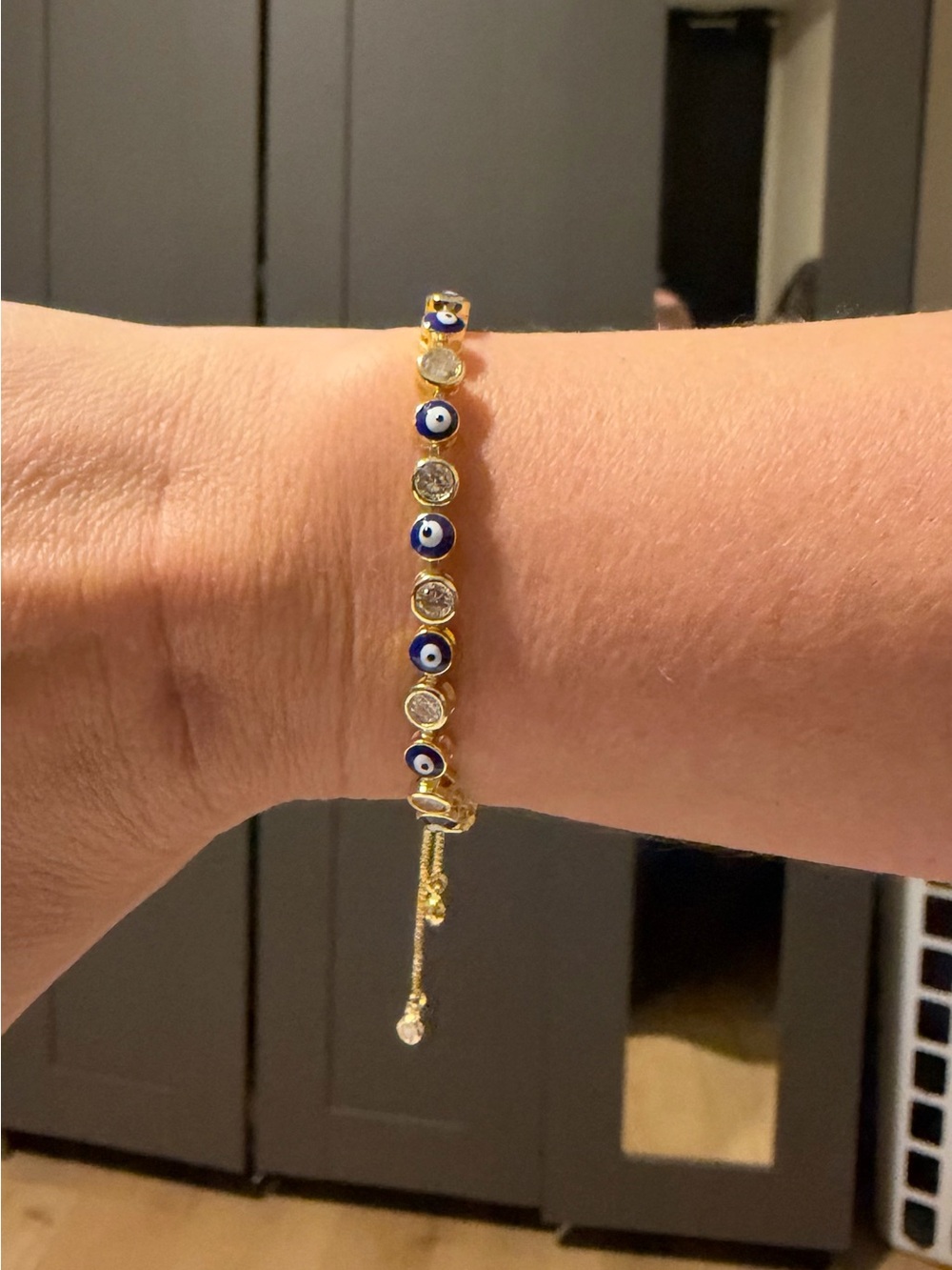 Gold-Plated Blue Evil Eye Bracelet with Clear Stones